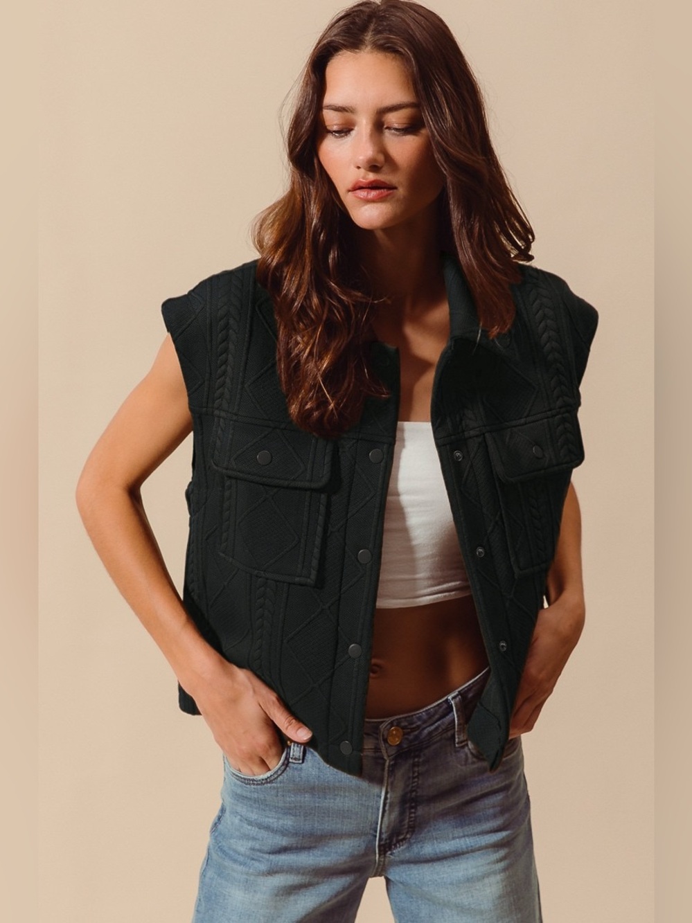SO ME Cable Quilting Stitch Button Up Knit Vest